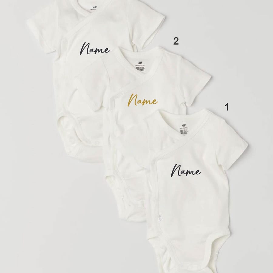 Custom Name on H&amp;M 3-pack wrapover bodysuits - White